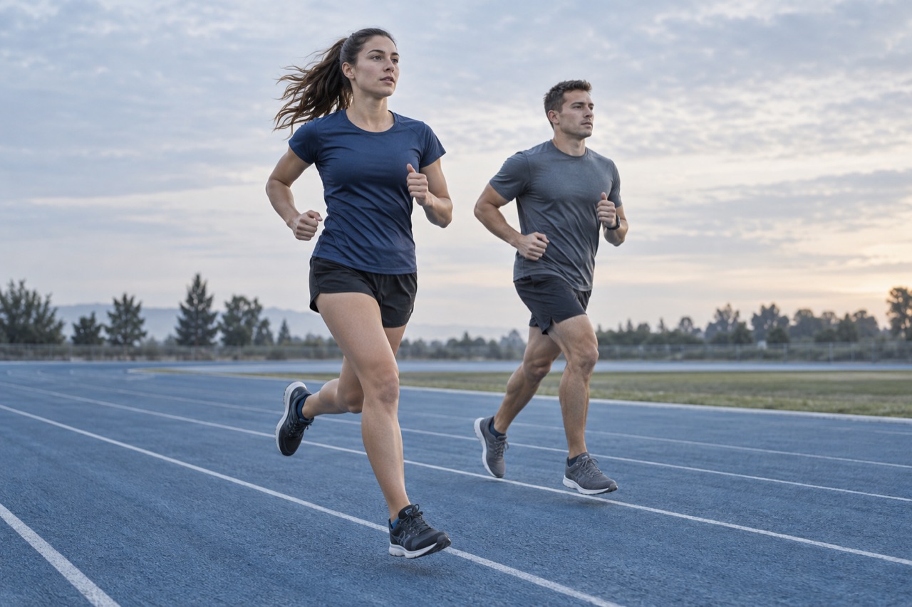 Two athletes running on an outdoor track in cool morning light.
