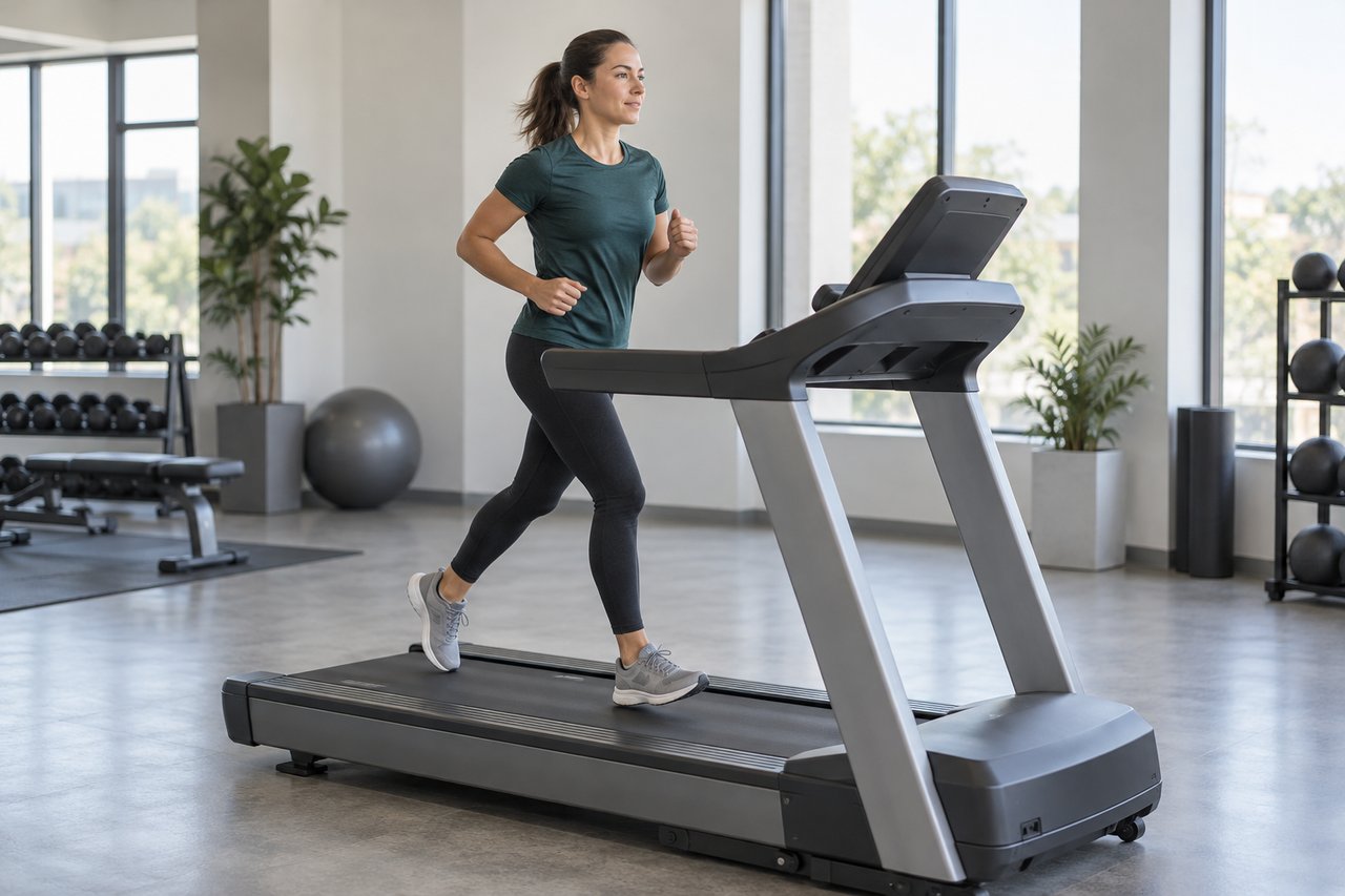 Adult runner in muted green sportswear running on a treadmill in a bright gym.