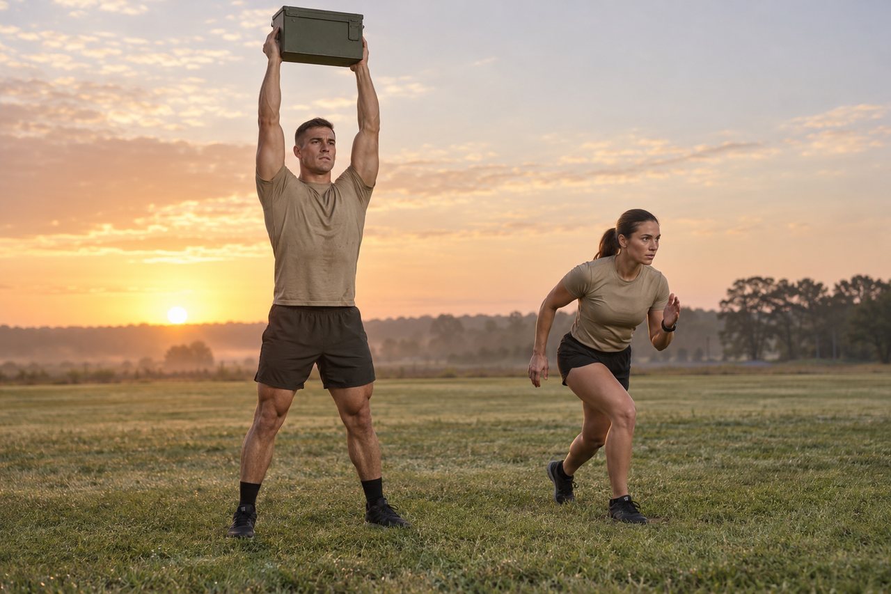 AI-generated illustration of two adults in tan workout shirts training on a grass field at sunrise, with a man lifting a green training can overhead and a woman starting a run.